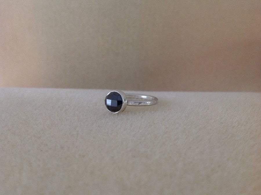 Black Spinel rose cut sterling and fine silver ring