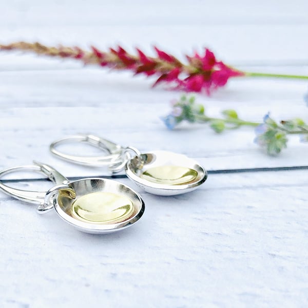 Silver and brass earrings - continental earrings - lever back - sterling silver 