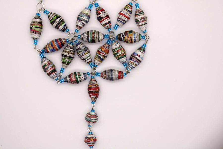 Intricate multicoloured necklace made of paper beads