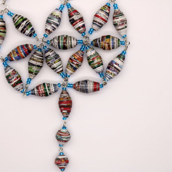 Intricate multicoloured necklace made of paper beads