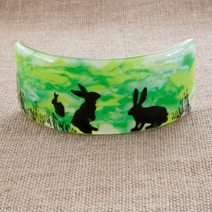 Green Rabbits Silhouette Freestanding Fused Glass Picture Ornament