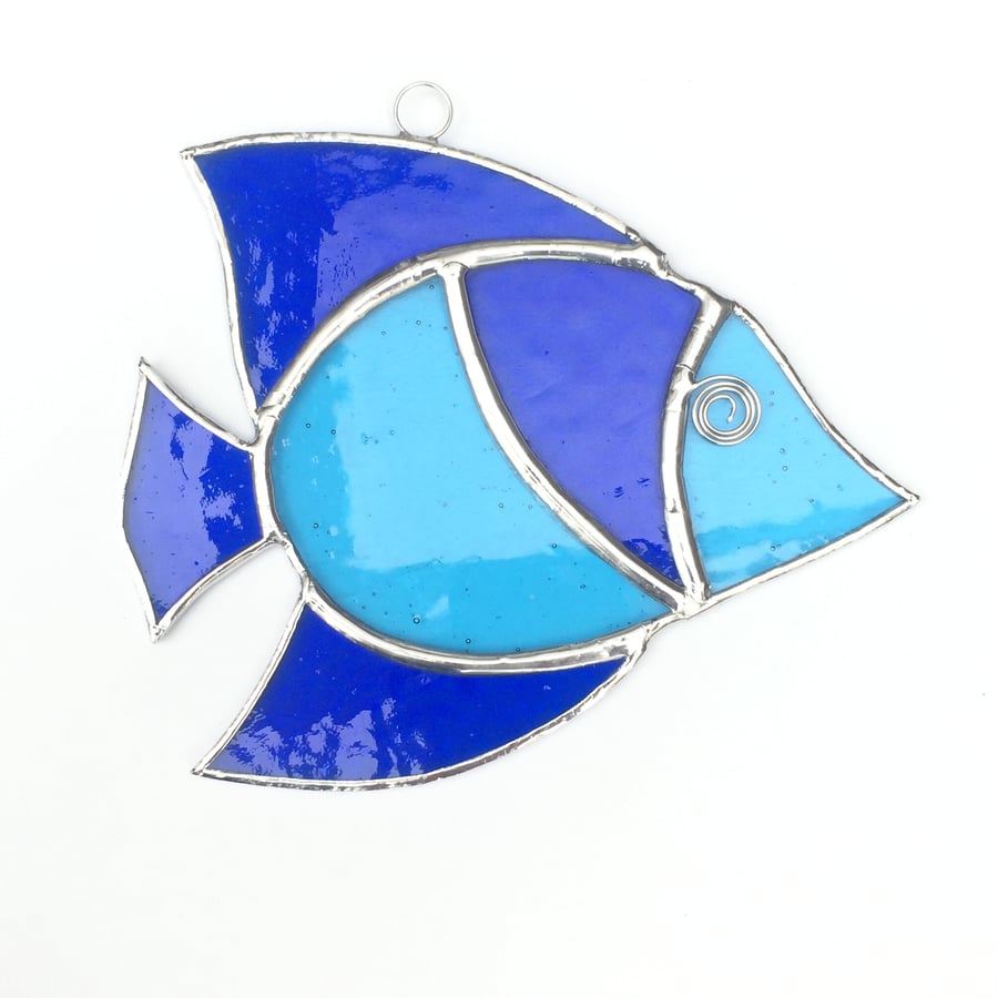 Stained Glass Fish Suncatcher - Handmade Window Decoration- Dark and Sky Blue