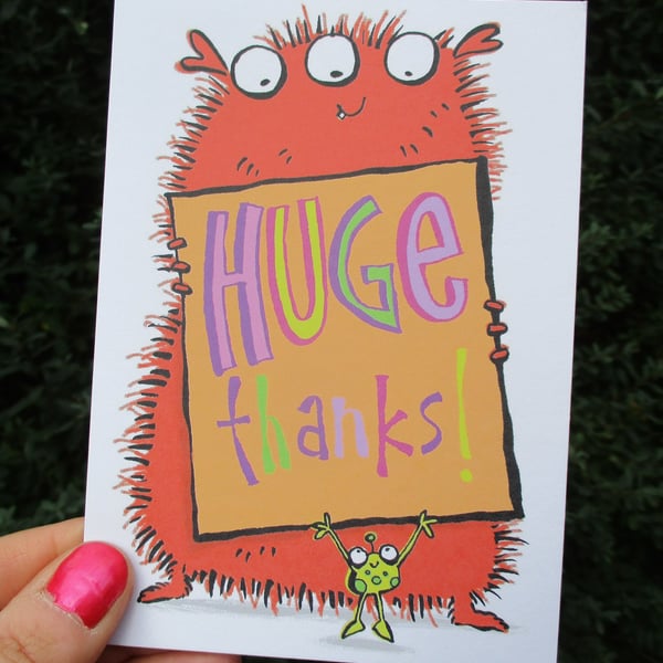 A6 “Huge Thanks” Thank You Postcard with happy monsters