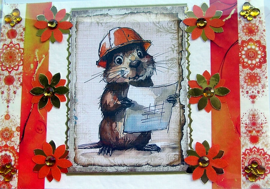 Comical Beaver - Hand Crafted Decoupage Greeting Card - Blank 2921