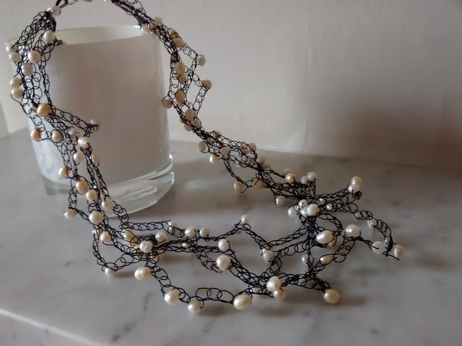 CROCHET CHAMPAGNE AND FRESHWATER  PEARL NECKLACE -  - STATEMENT NECKLACE