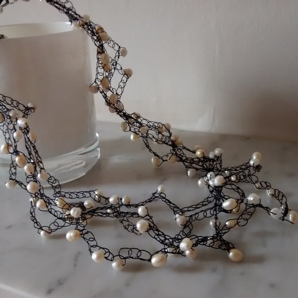 CROCHET CHAMPAGNE AND FRESHWATER  PEARL NECKLACE -  - STATEMENT NECKLACE