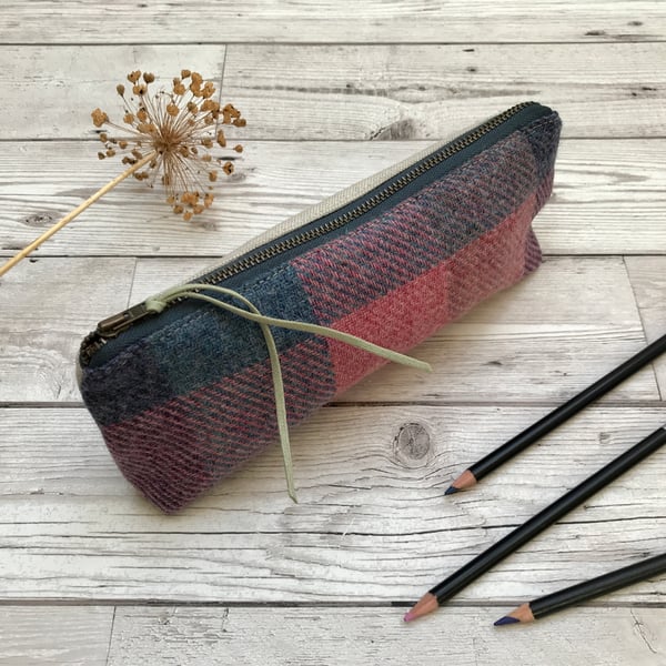 Hand Woven Wool Tweed and Scottish Linen Pencil Case, Brush Case, Cosmetic Bag