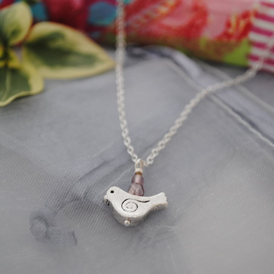Silver & pink lilac bird necklace