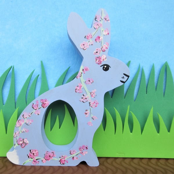 Easter Bunny Chocolate Egg Holder Wooden Hand Painted Cherry Blossom Spring