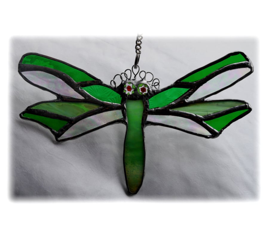 Dragonfly Suncatcher Green Handmade Stained Glass 034