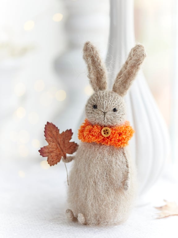 Autumn rabbit, Knitted bunny art doll