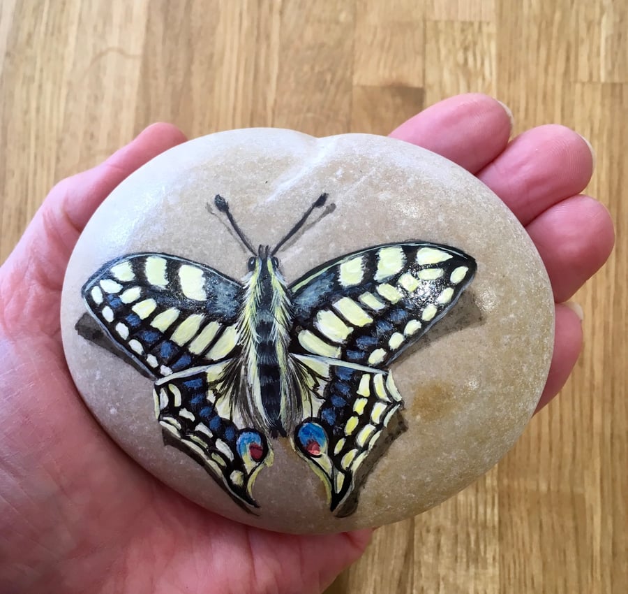 Butterfly hand painted pebble garden rock art wildlife portrait stone gift 