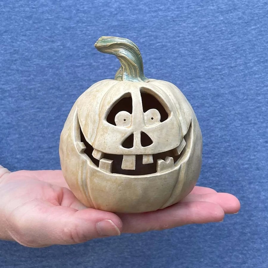Carved Ceramic Pumpkin Halloween Decoration Tealight Lantern - Peter