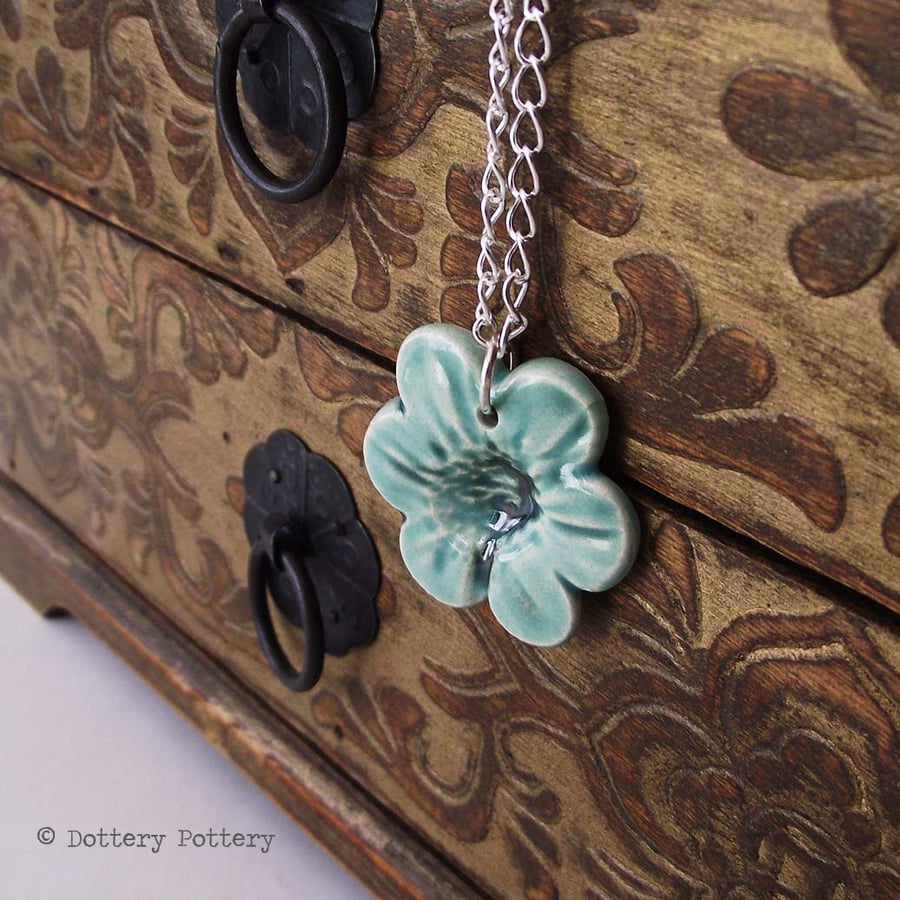 Pottery Flower pendant on 20inch chain. Ceramic Flower natural print