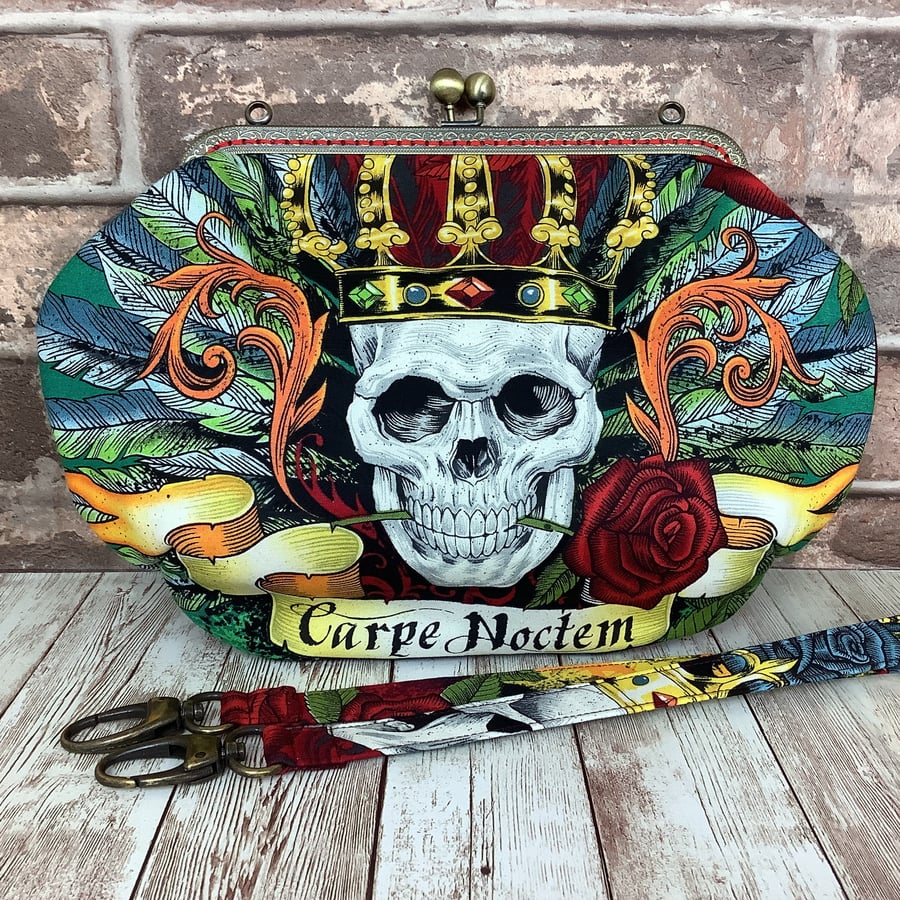 Gothic crowned skulls medium fabric frame clutch handbag, Kiss clasp
