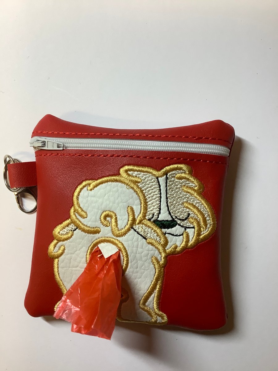 Desirable SHIH TSU Embroidered Red faux leather dog poo bag ,