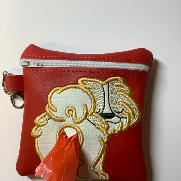 Desirable SHIH TSU Embroidered Red faux leather dog poo bag ,