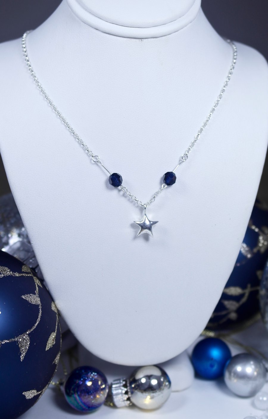 Hand Cast Small Christmas Star Twinkle Necklace with Swarovski Indigo Beads