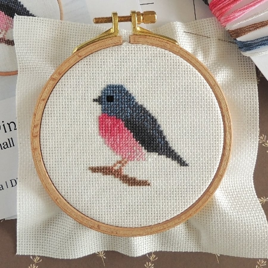 Pink Robin cross stitch kit, small Australian bird design