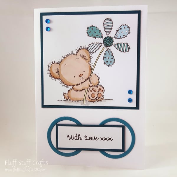 Handmade any occasion card - bear with patchwork flower - with love