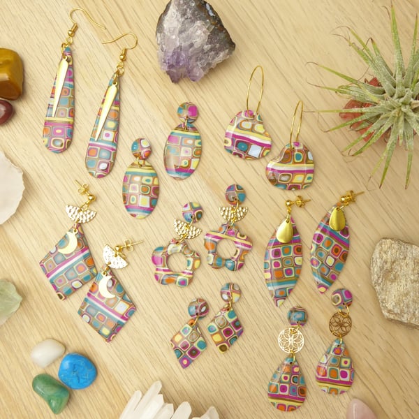 Autumnal Retro Earrings, Statement Earrings in Pink, Green, Gold, Orange Yellow