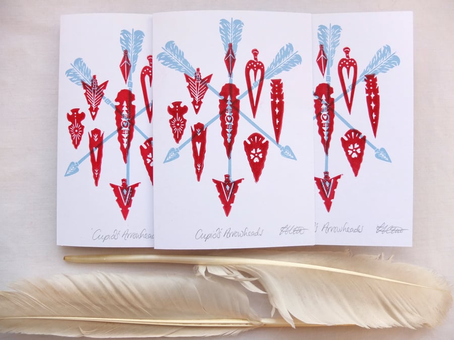 Cupid's Arrows Hand Printed Lino Valentine's Anniversary Wedding  Card 