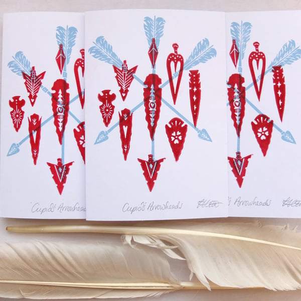 Cupid's Arrows Hand Printed Lino Valentine's Anniversary Wedding  Card 