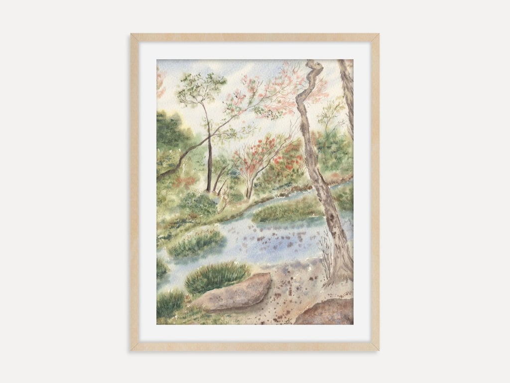 Woodland Landscape with Gentle Stream and Trees Art Print, Nature Wall Art