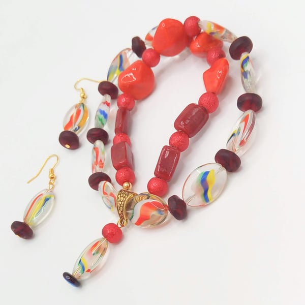 Garnet Red Glass Beads and Rainbow Striped Oval Bead Necklace and Earrings