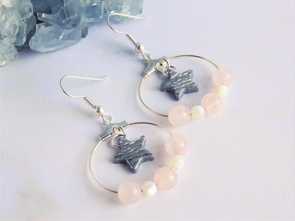 Rose Quartz and Mother of Pearl earrings, Semi Precious Jewellery