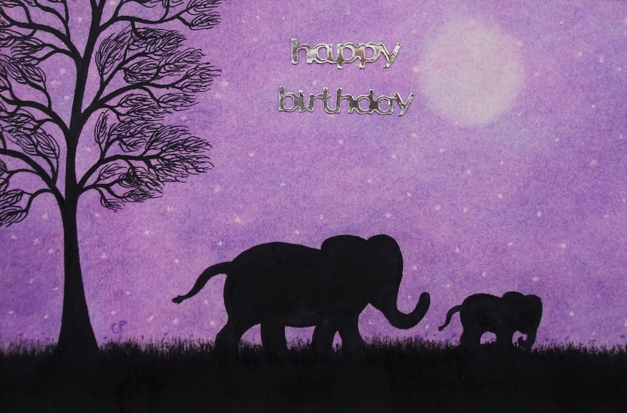 Birthday Elephant Card Purple, Daughter Birthday Card, Animal Mother Art Card