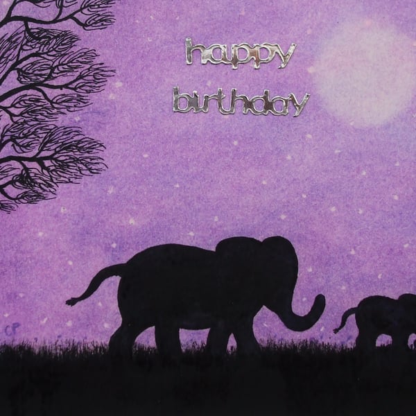 Birthday Elephant Card Purple, Daughter Birthday Card, Animal Mother Art Card