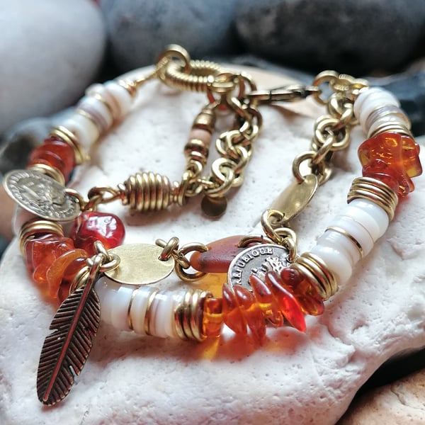 Multi strands Baltic Amber bracelet with sea shells and sea glass beads 