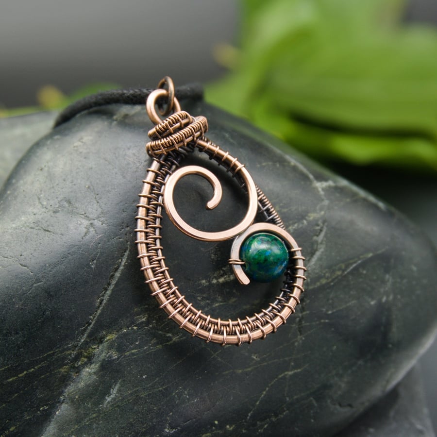 Copper Wire Weave Spiral Drop Pendant with Chrysocolla Bead