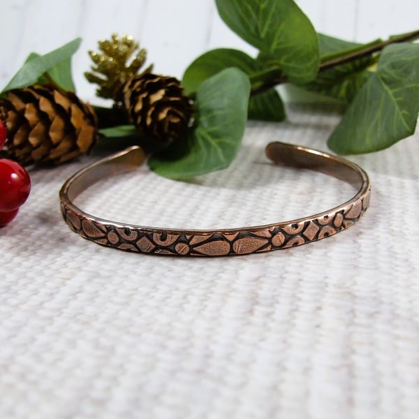 Copper Cuff - Embossed Floral Pattern with Antiqued Finish. Size Medium