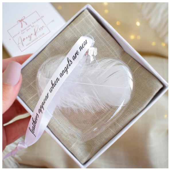 White Feather Memorial Bauble, Heart Glass Christmas Ornament, Remembrance Keeps