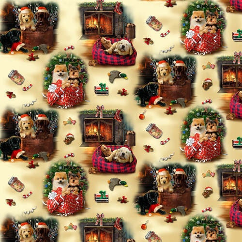 Fat Quarter Fireside Pups Scenic Dogs Cotton Quilting Sewing Christmas Fabric