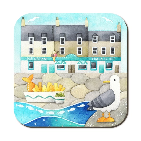 Seagull Coaster. Cute Seaside Watercolour. Anstruther Fish and Chips. East Neuk.