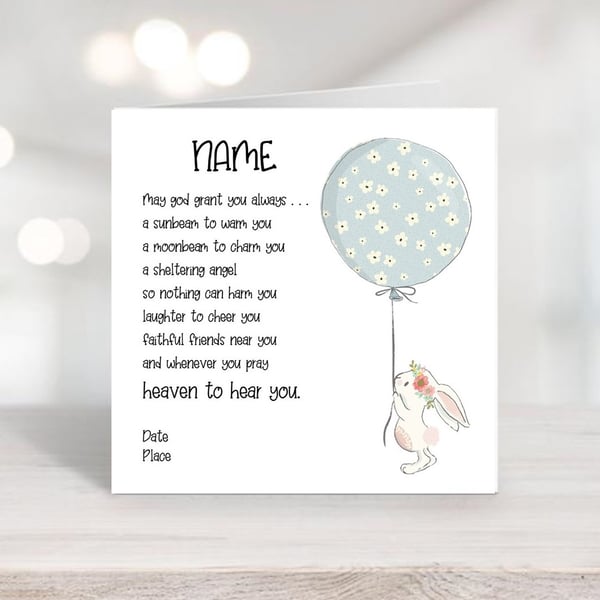 Personalised Christening-Baptism - Watercolour Bunny and balloon