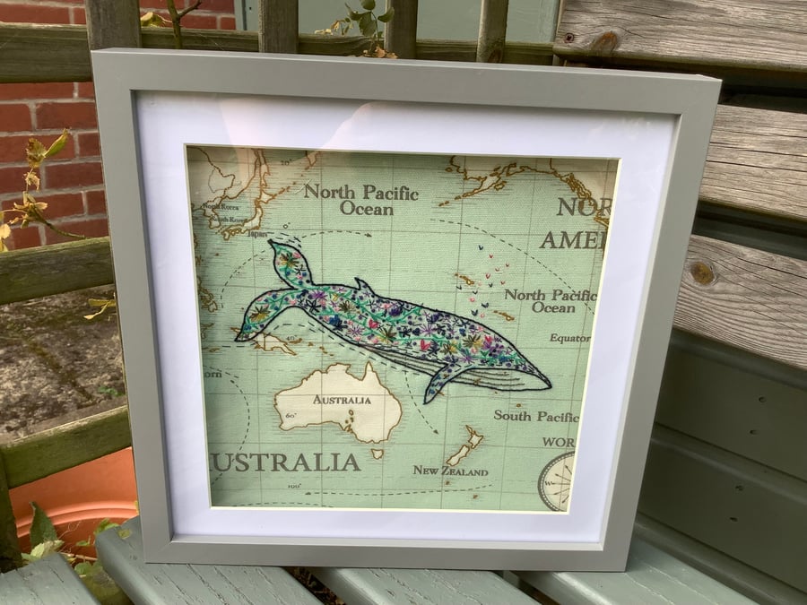 Hand Embroidered Framed Picture of Blue Whale