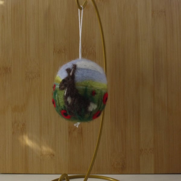 Needle felted handmade Hare and Poppy ornament