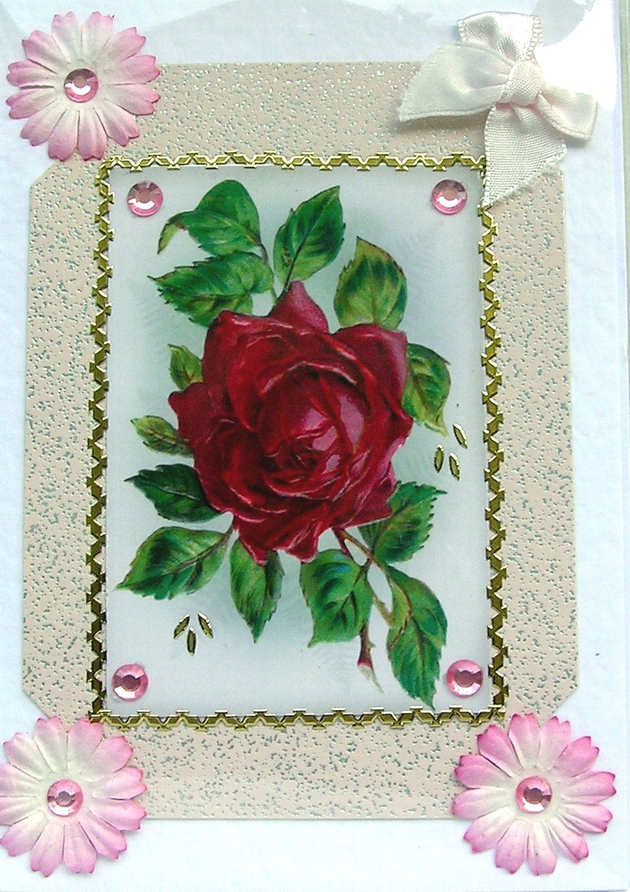 Red Rose Flower Hand Crafted Decoupage Card - Blank for any Occasion (2408)