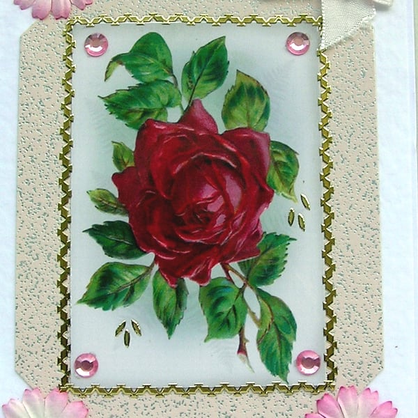 Red Rose Flower Hand Crafted Decoupage Card - Blank for any Occasion (2408)