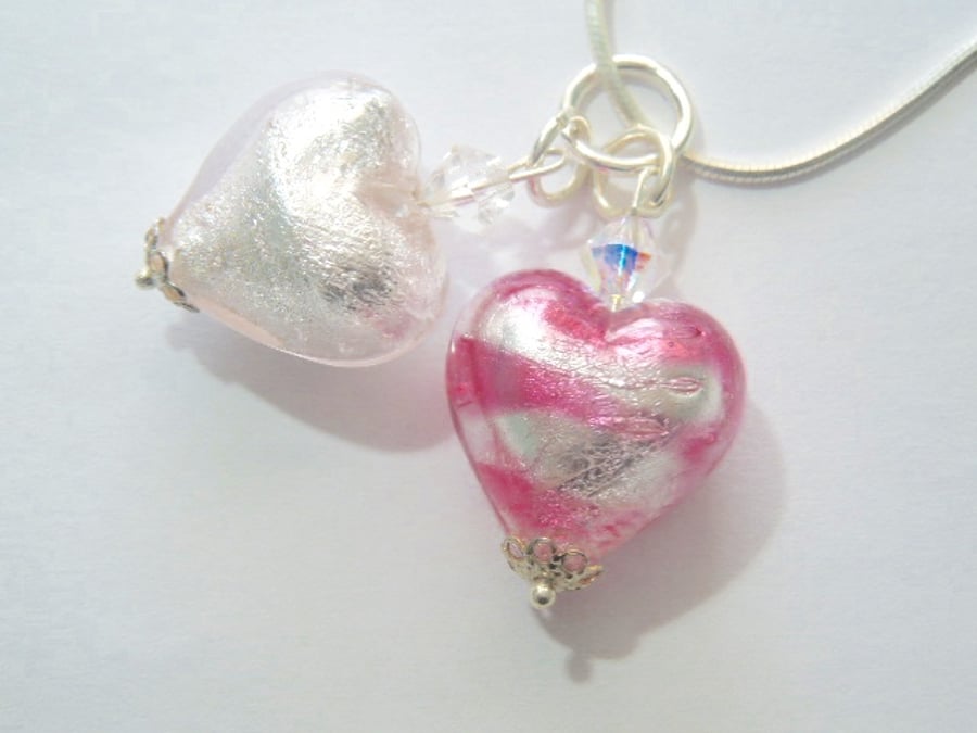 Murano glass pink and silver double heart pendant Swarovski and sterling silver.