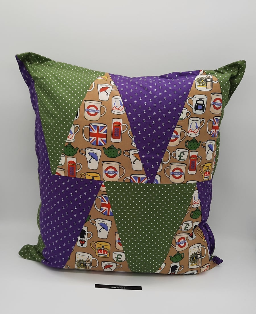 Triangle patchwork 16' cushion cover in London theme fabric.  