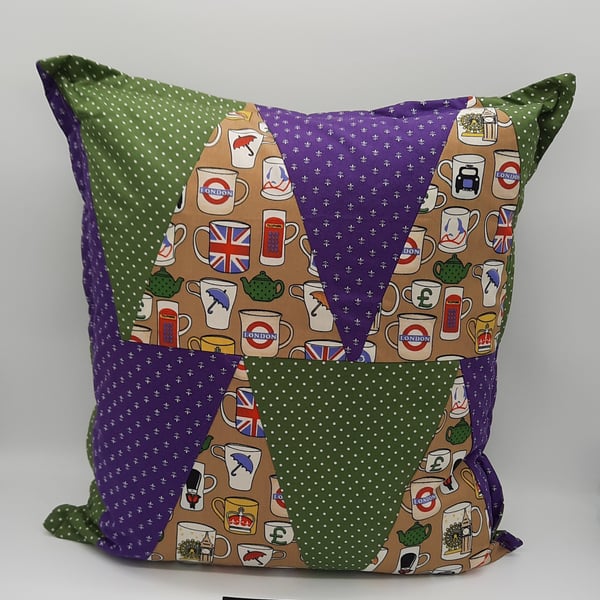 Triangle patchwork 16' cushion cover in London theme fabric.  