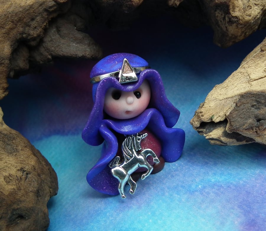 Tiny Gnome Maiden 'Oonagh' with silver unicorn OOAK Sculpt by Ann Galvin