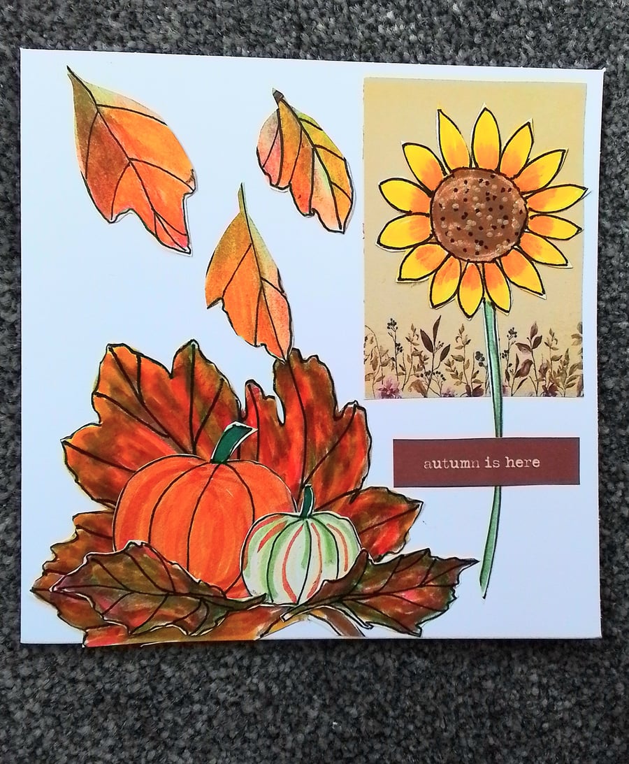 Sunflower, pumpkin and leaves autumn greetings card