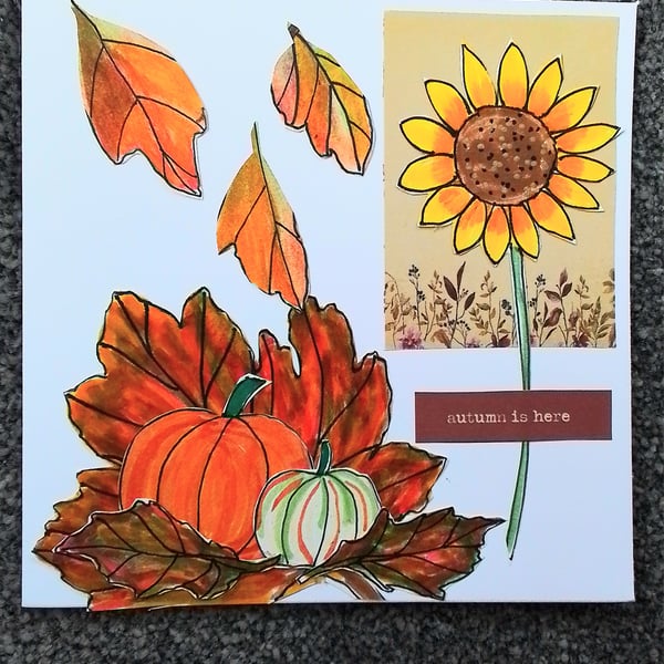 Sunflower, pumpkin and leaves autumn greetings card