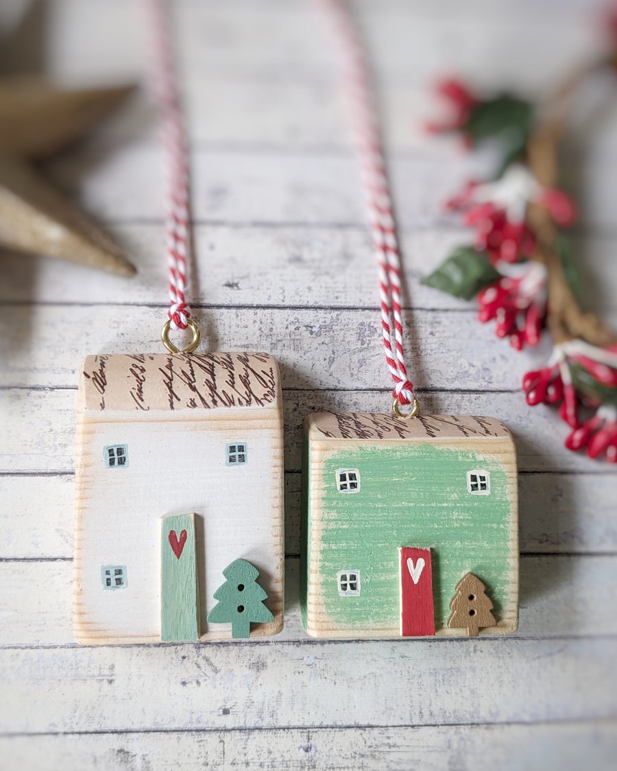 Set of 2 Wooden Christmas House Hanging Decorations